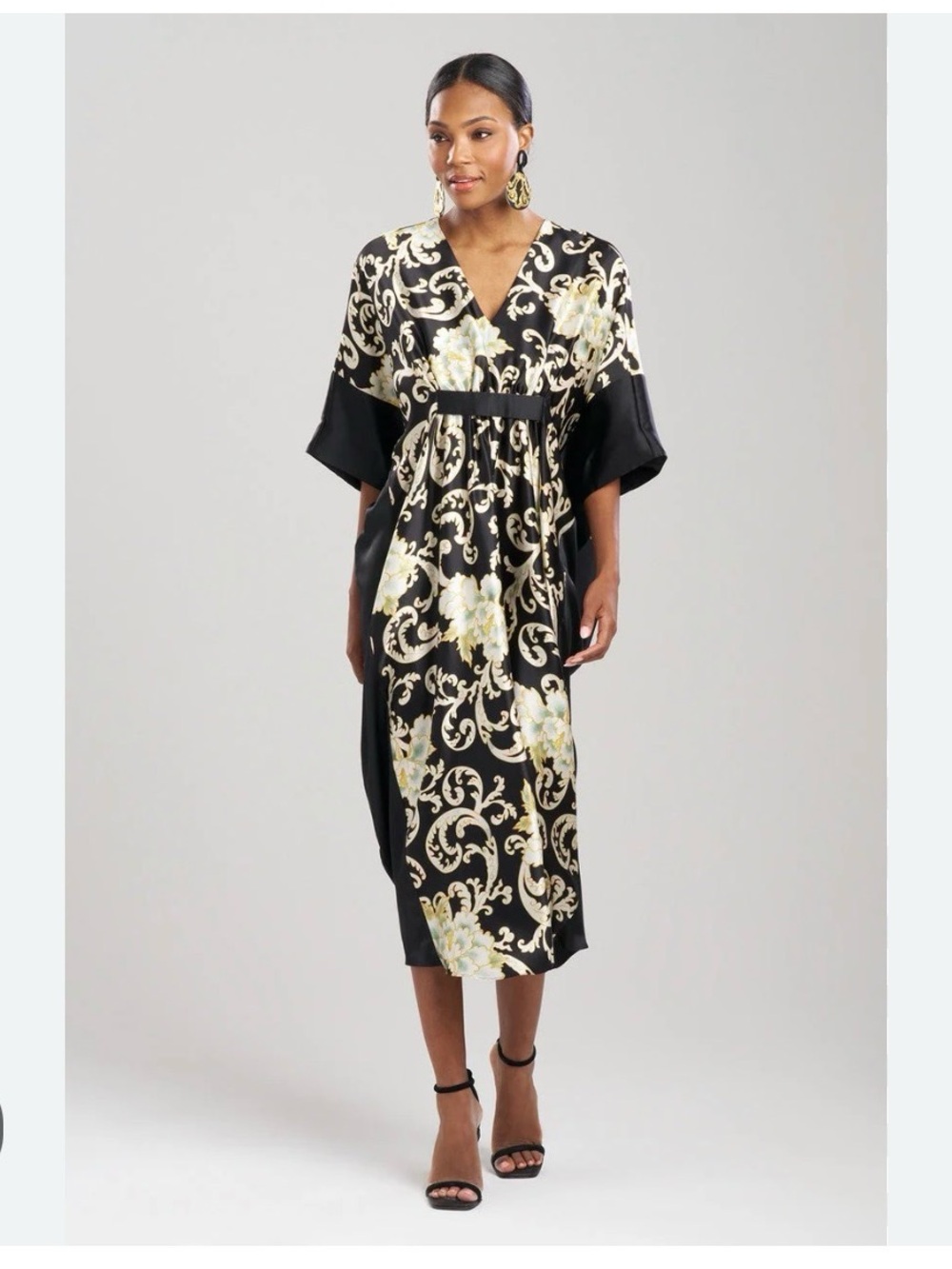 Camille Floral Scroll Silk Kaftan by Josie Natori